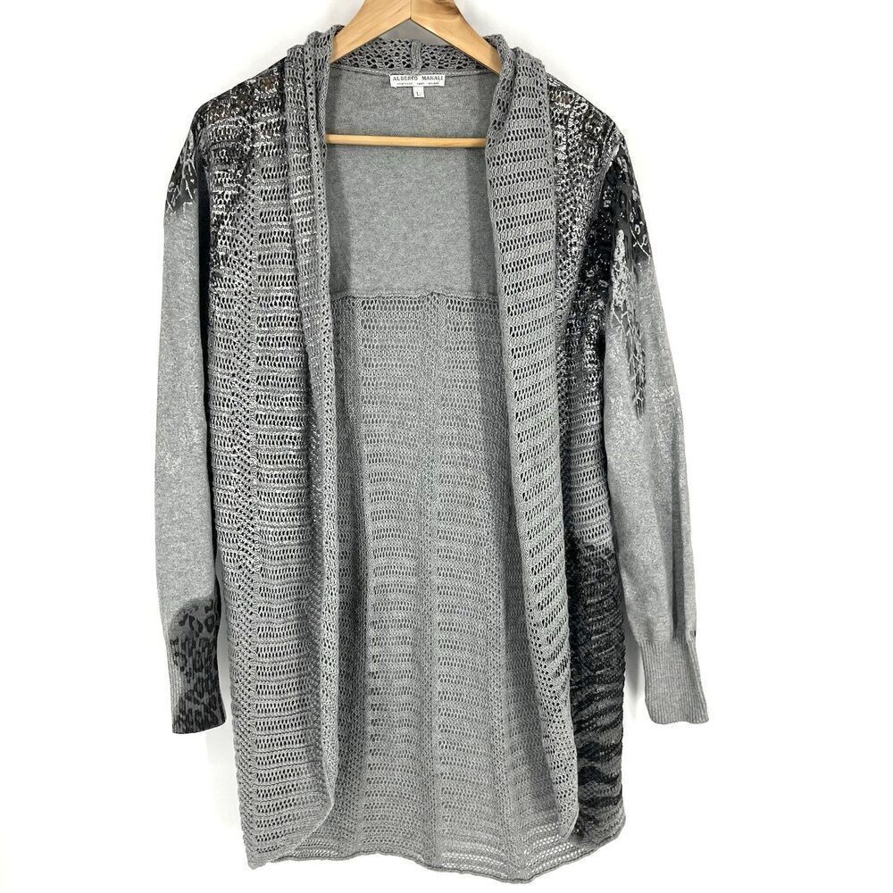 Alberto Makali Gray Open-Front Knit Cardigan with Black Accent